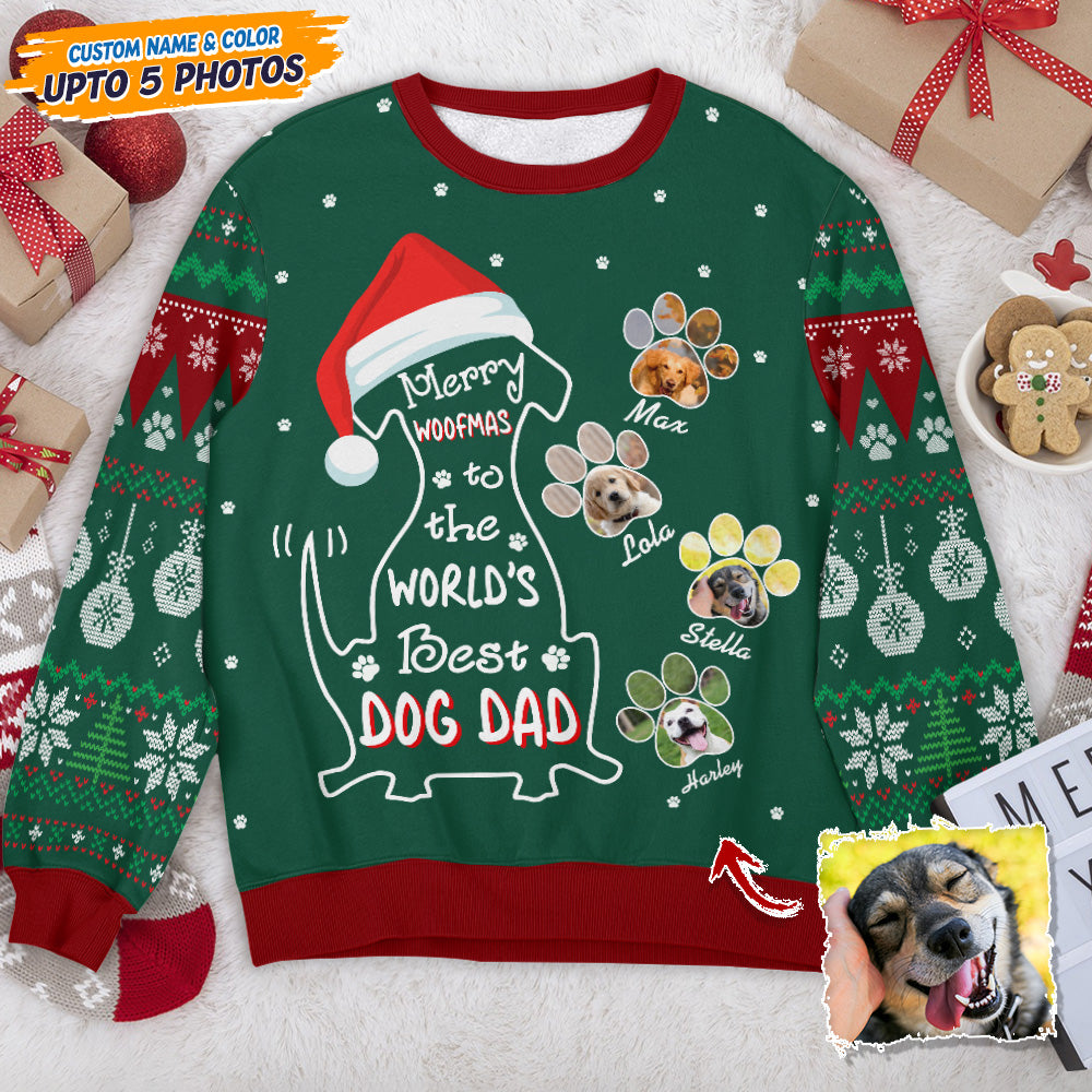 Merry Woofmas Ugly Sweatshirt: A unisex wool jumper with a cute dog and Christmas design, perfect for a fun holiday gift.