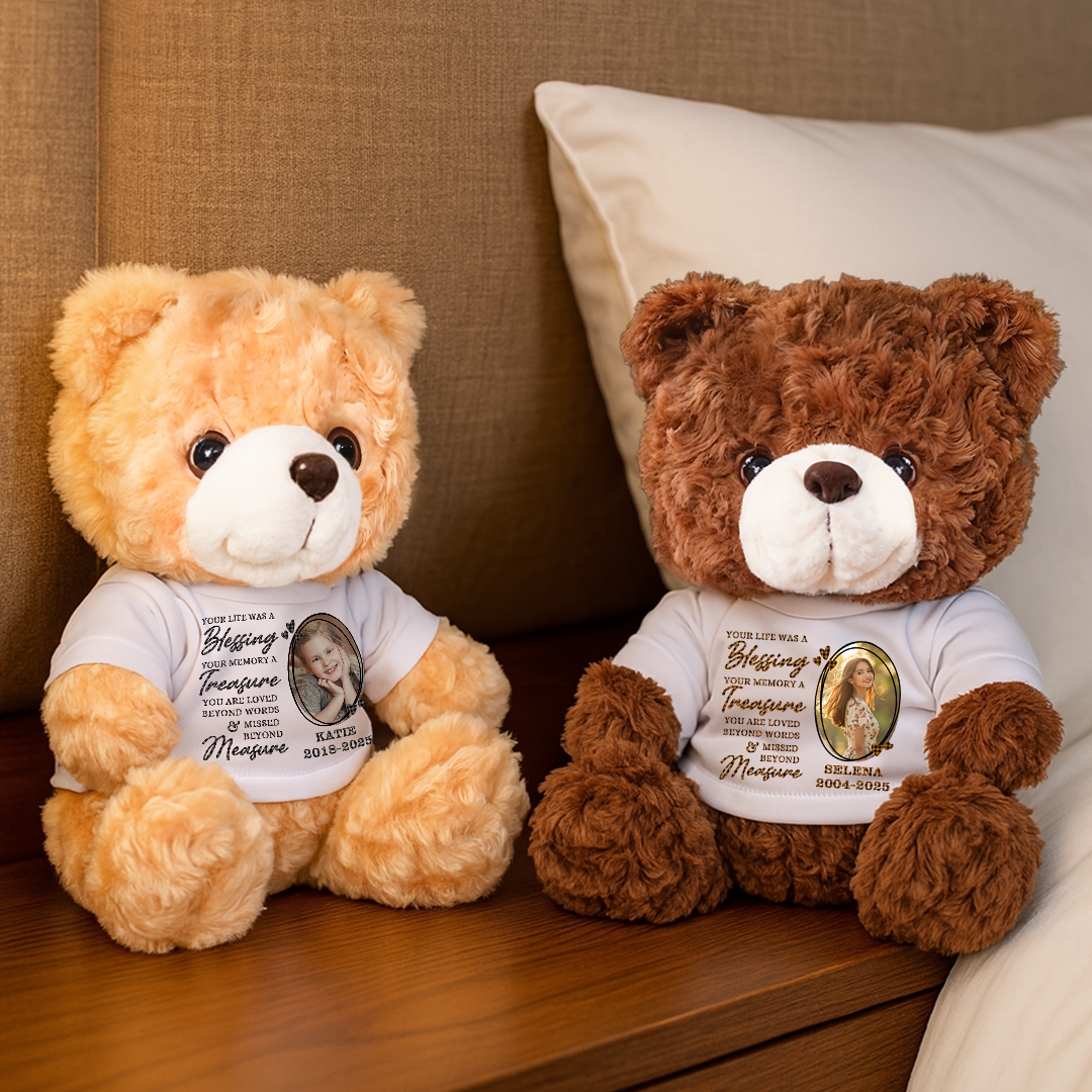 Missed Beyond Measure personalized teddy bear plush with custom name and dates.