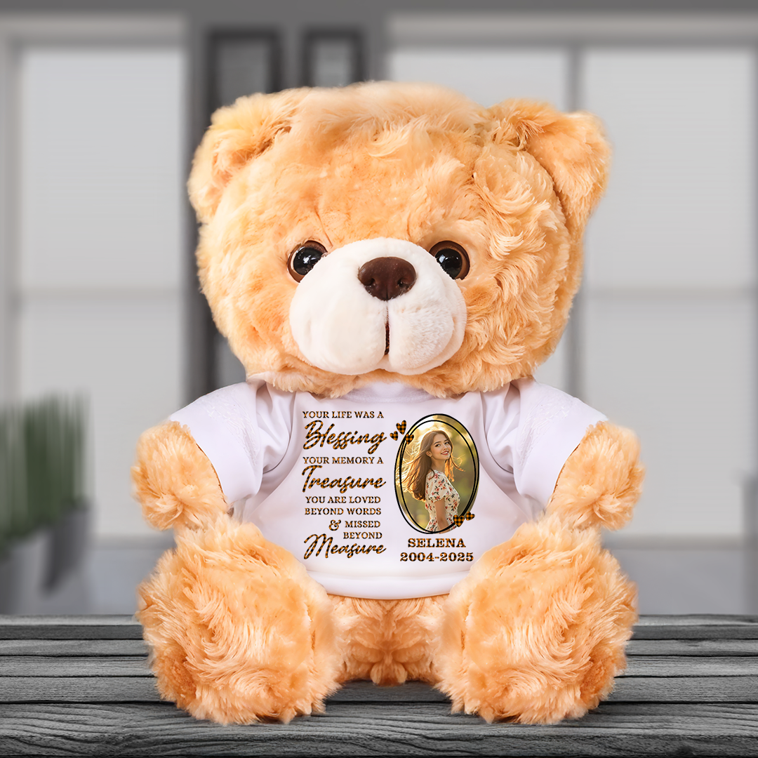 Missed Beyond Measure personalized teddy bear plush with custom name and dates.