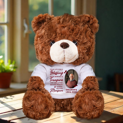 Missed Beyond Measure personalized teddy bear plush with custom name and dates.