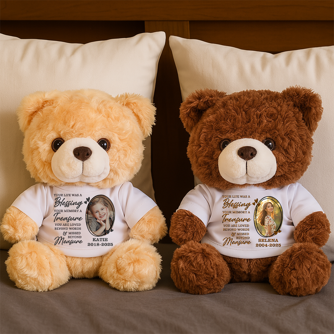 Missed Beyond Measure personalized teddy bear plush with custom name and dates.