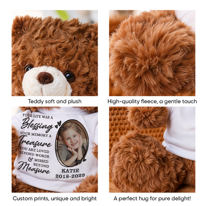 Missed Beyond Measure personalized teddy bear plush with custom name and dates.
