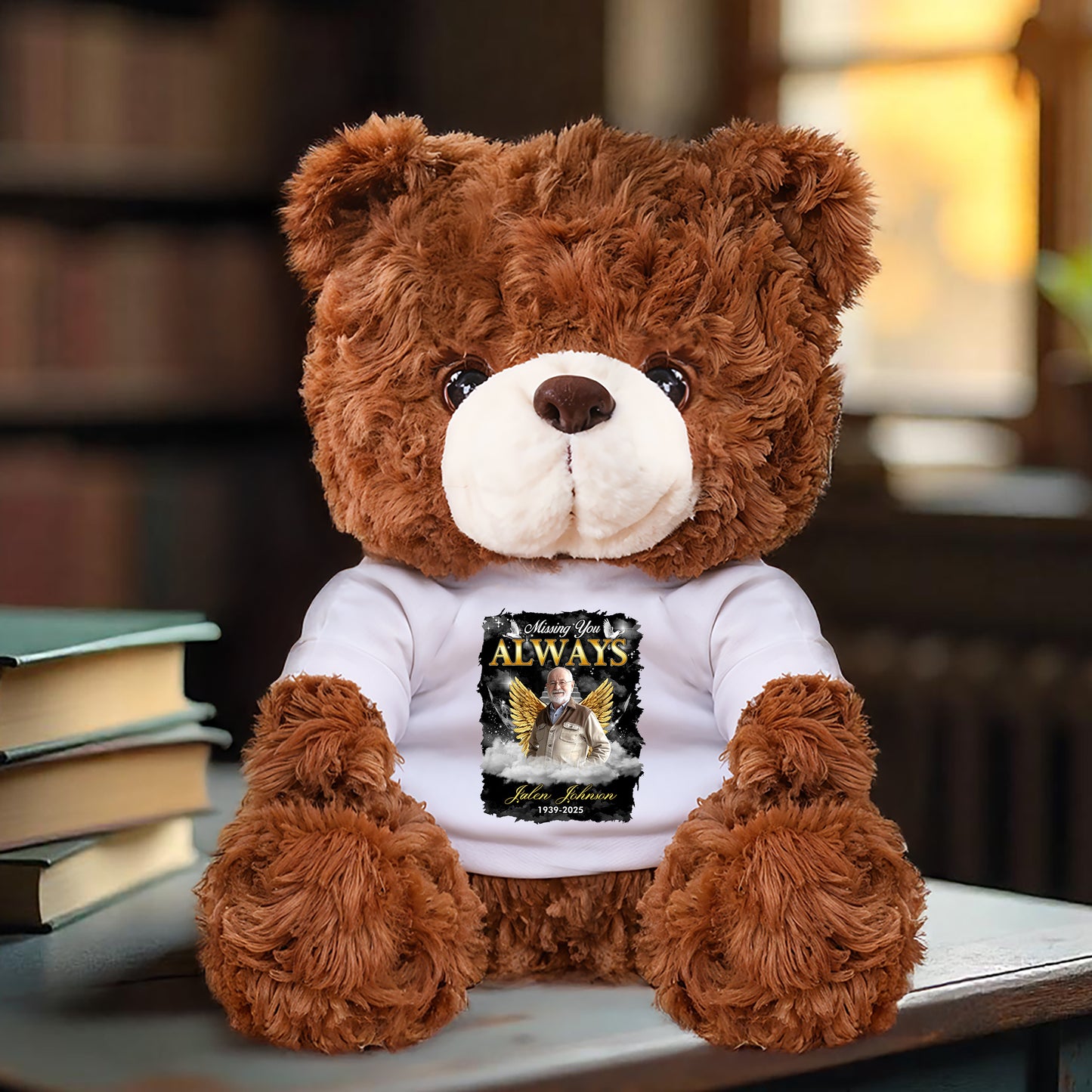 Personalized "Missing You Always" teddy bear plush. A comforting and heartfelt custom gift.