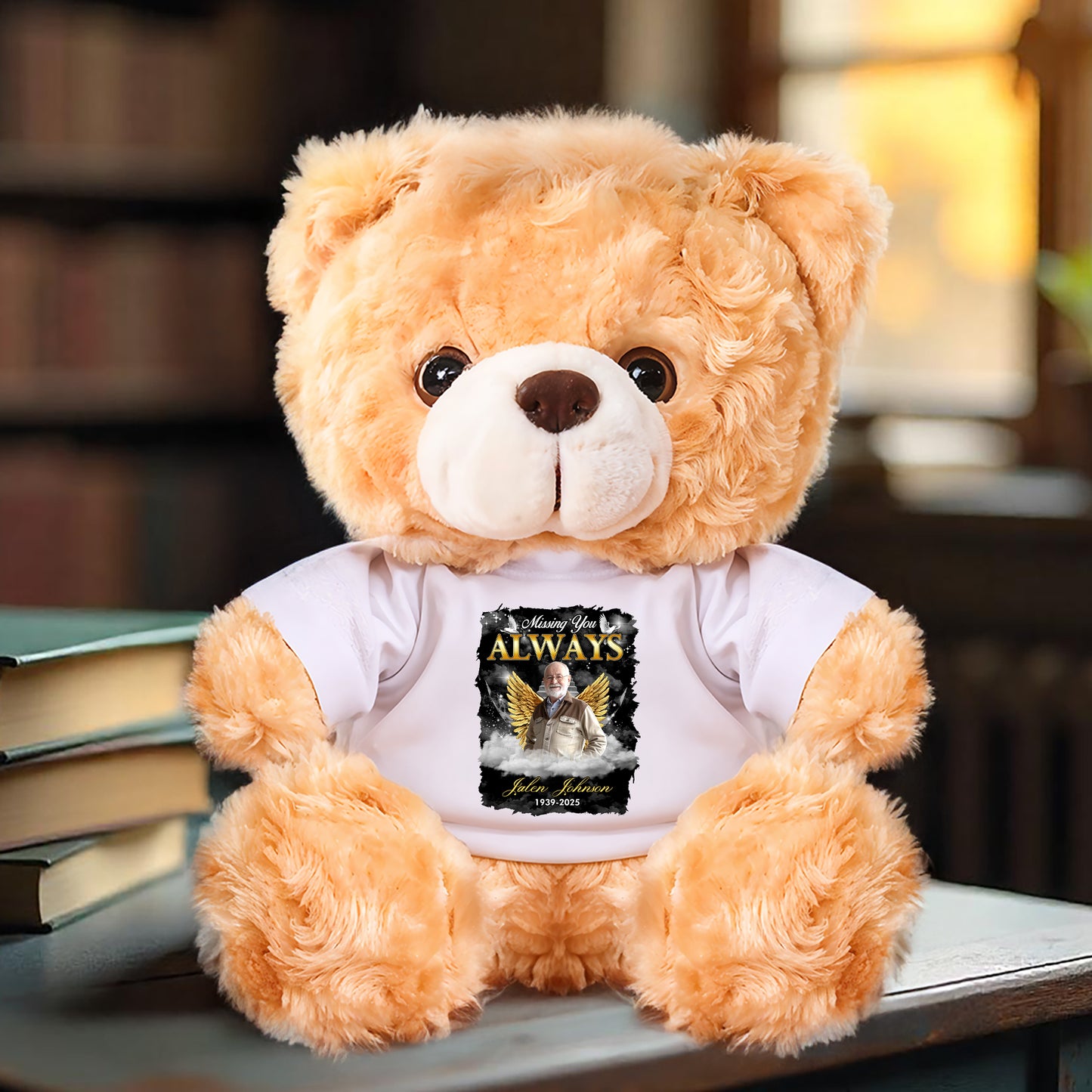 Personalized "Missing You Always" teddy bear plush. A comforting and heartfelt custom gift.
