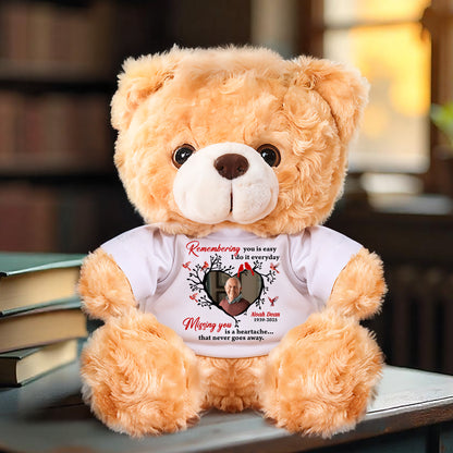 Personalized memorial teddy bear with "Missing You is a Heartache" message. A comforting remembrance plush.