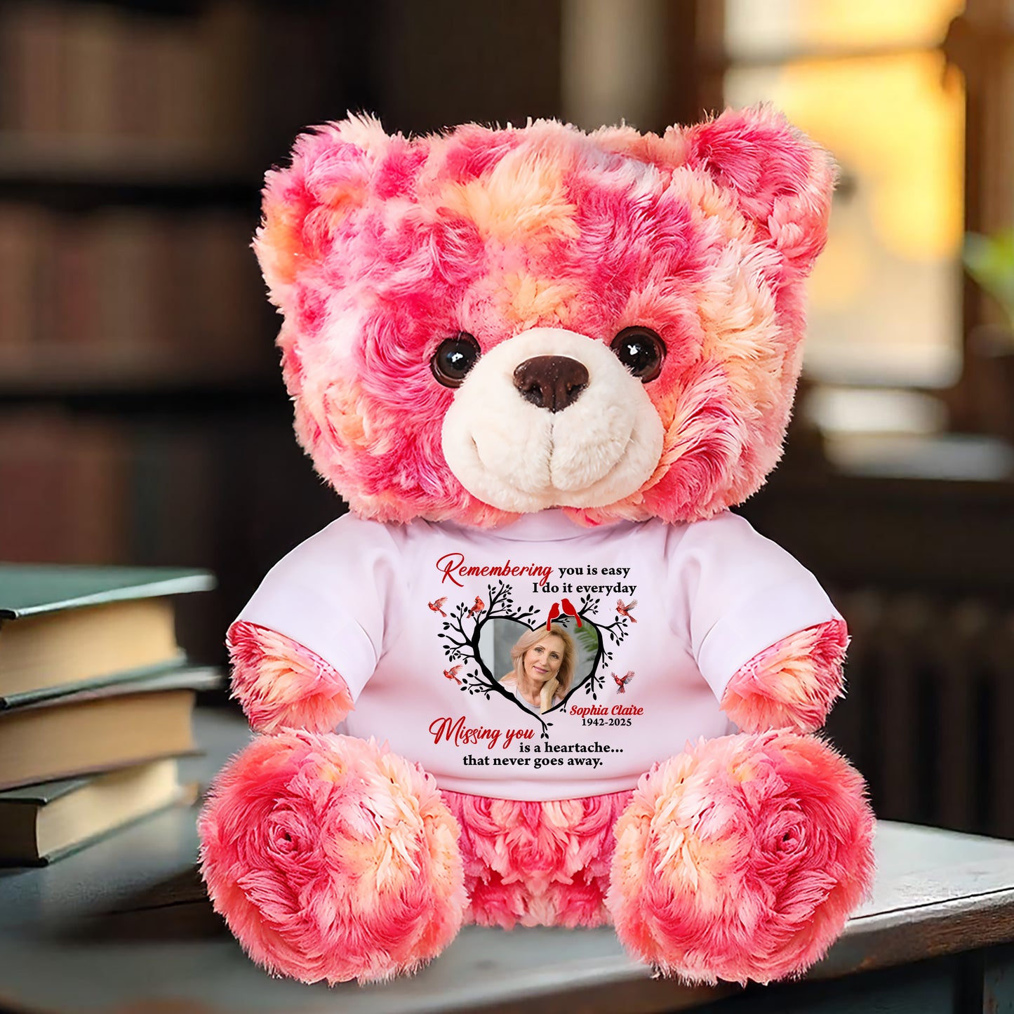 Personalized memorial teddy bear with "Missing You is a Heartache" message. A comforting remembrance plush.