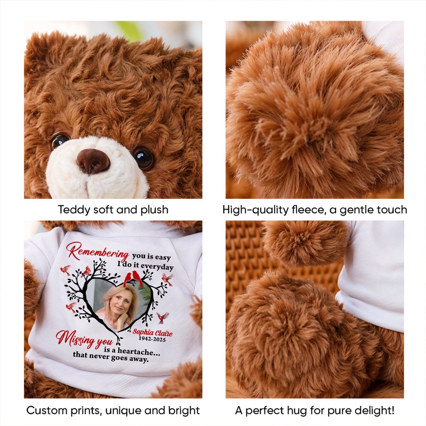 Personalized memorial teddy bear with "Missing You is a Heartache" message. A comforting remembrance plush.