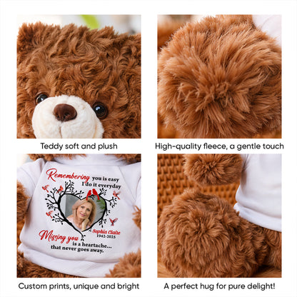 Personalized memorial teddy bear with "Missing You is a Heartache" message. A comforting remembrance plush.