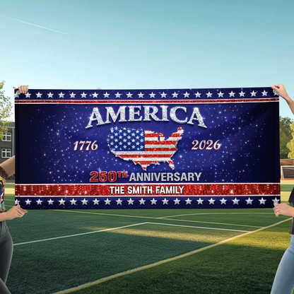 Personalized Family Name America 250th Anniversary Banner - Patriotic 2026 Outdoor Decor - Custom Door Banner