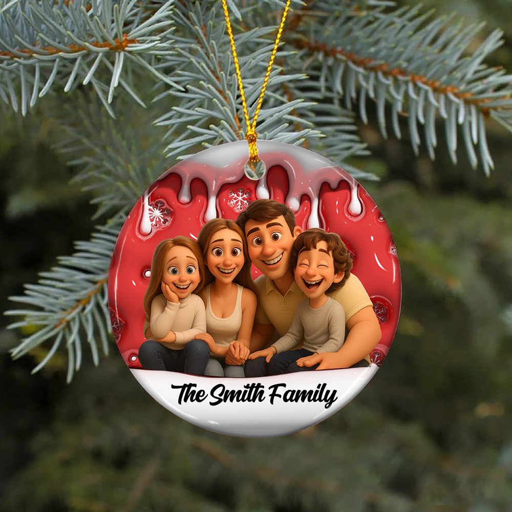 Funny Family Photo Christmas Gift For Family - Personalized Custom Circle Ceramic Ornament
