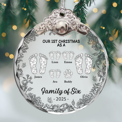 First Christmas As A Family Of Four Toile Footprints - Personalized Glass Ornament With Silver and Gold Cap