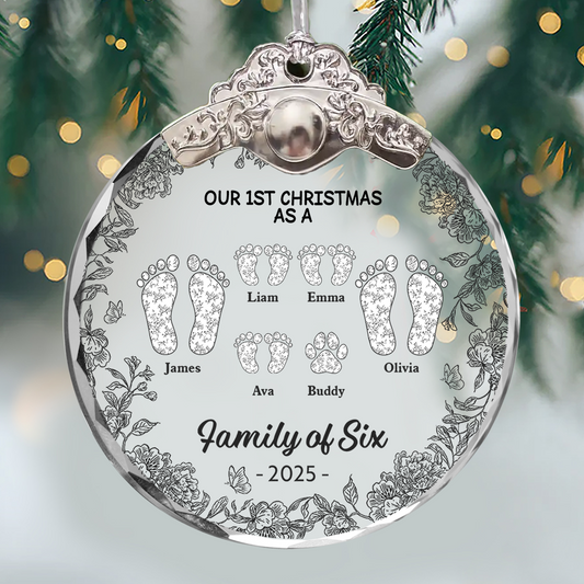First Christmas As A Family Of Four Toile Footprints - Personalized Glass Ornament With Silver and Gold Cap