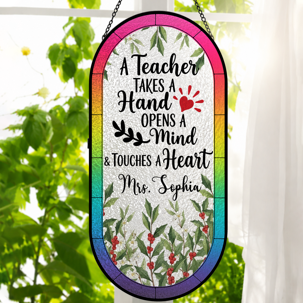 Teacher Name Gifts For Her - Personalized Rounded Rectangle Stained Glass Suncatcher