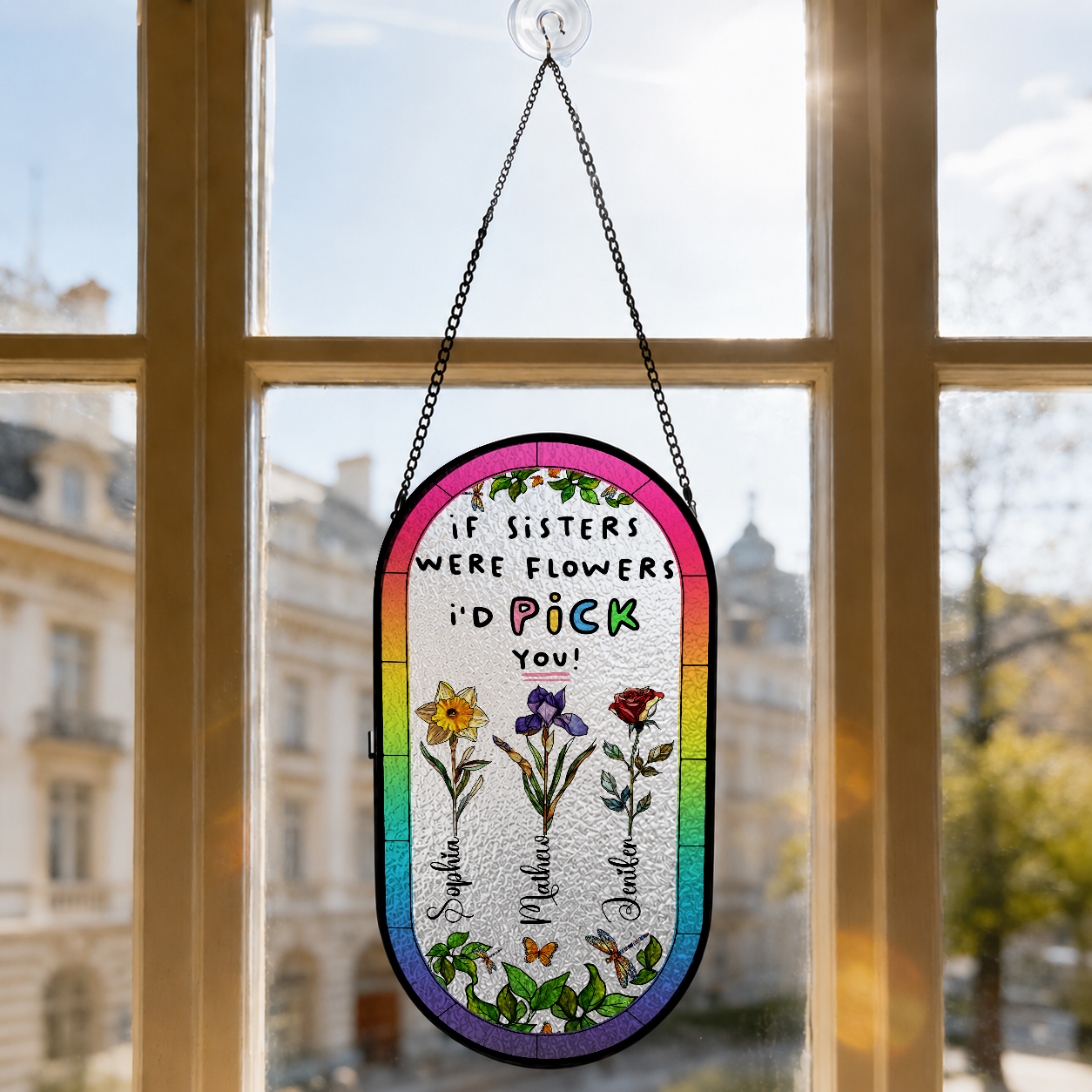 If Sisters Were Flowers I’d Pick You - Personalized Rounded Rectangle Stained Glass Suncatcher