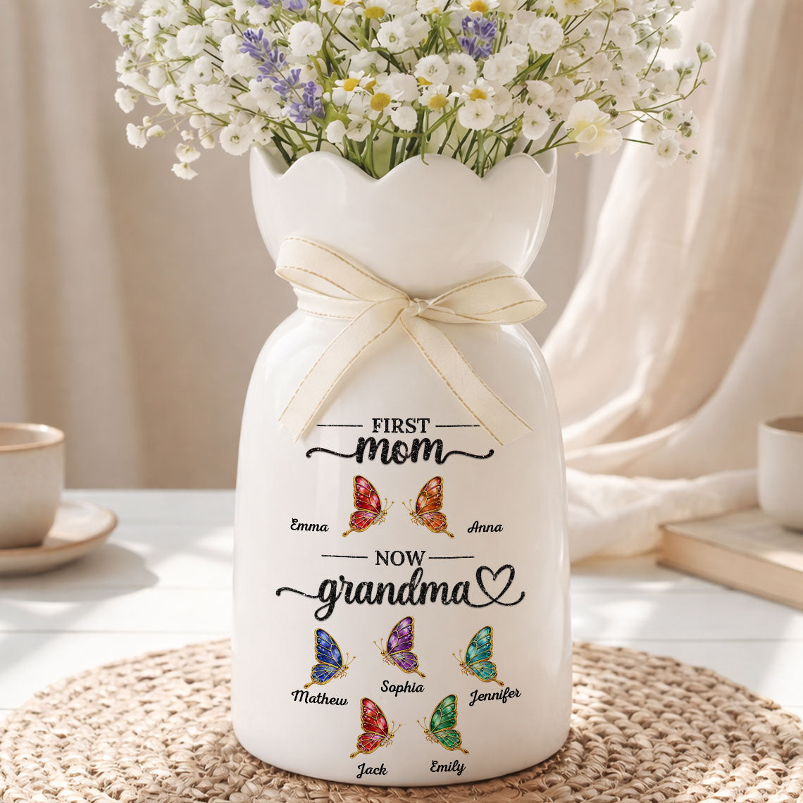First Mom Now Grandma 2 - Personalized Custom Ribbon Tie Flower Vase