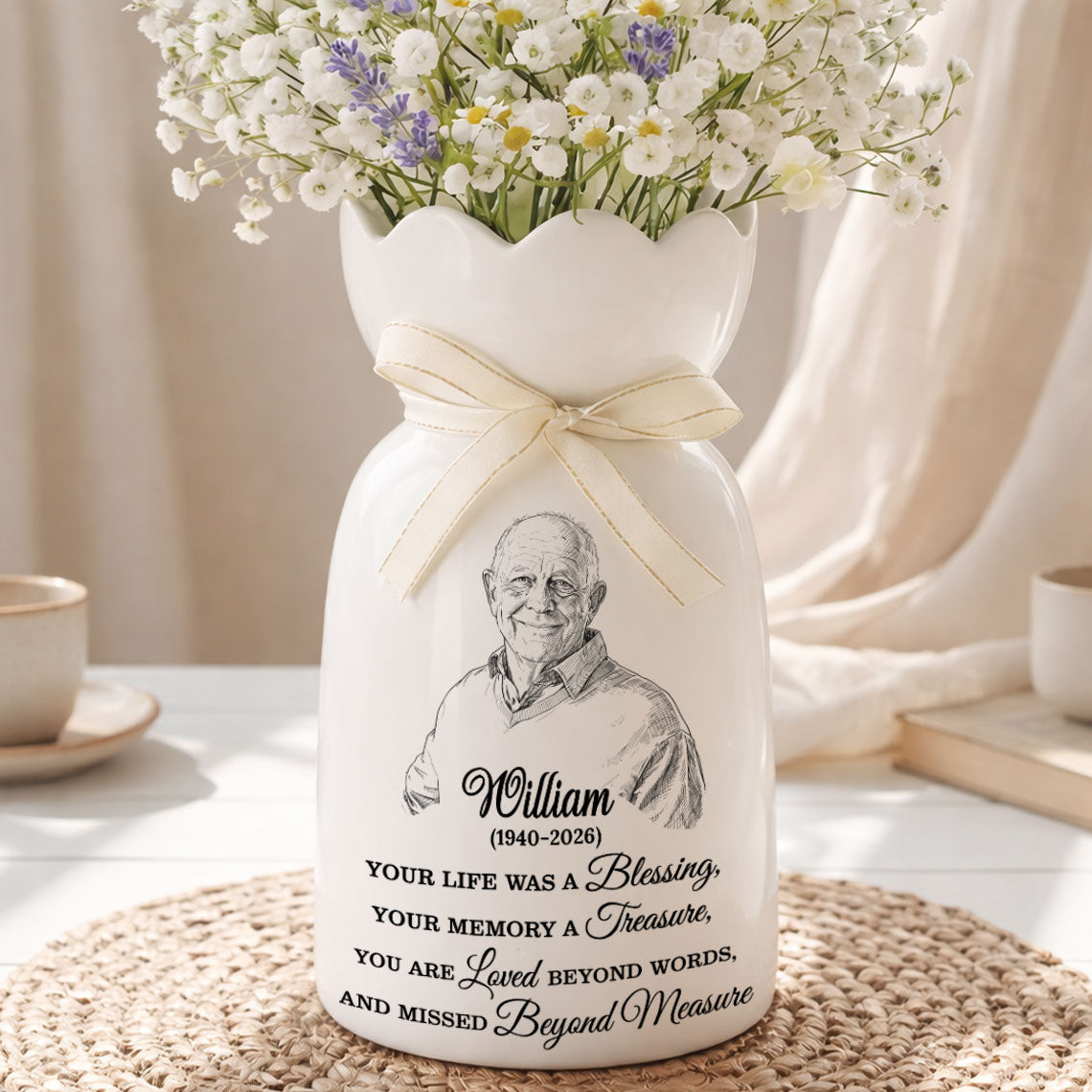 Custom Photo Pencil Sketch Memorial - Personalized Custom Ribbon Tie Flower Vase