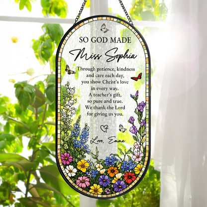 So God Made Christian Teacher - Personalized Oval Stained Glass Suncatcher