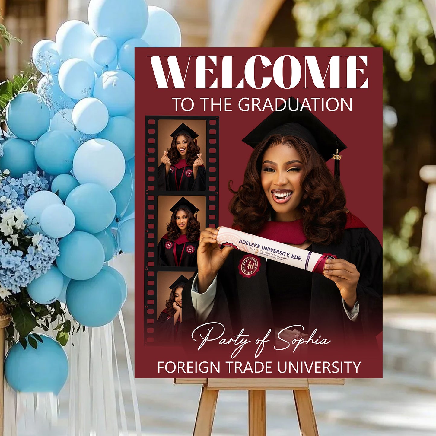 Congrats Graduation Red Theme - Personalized Graduation Welcome Sign - Custom Photo Welcome Sign