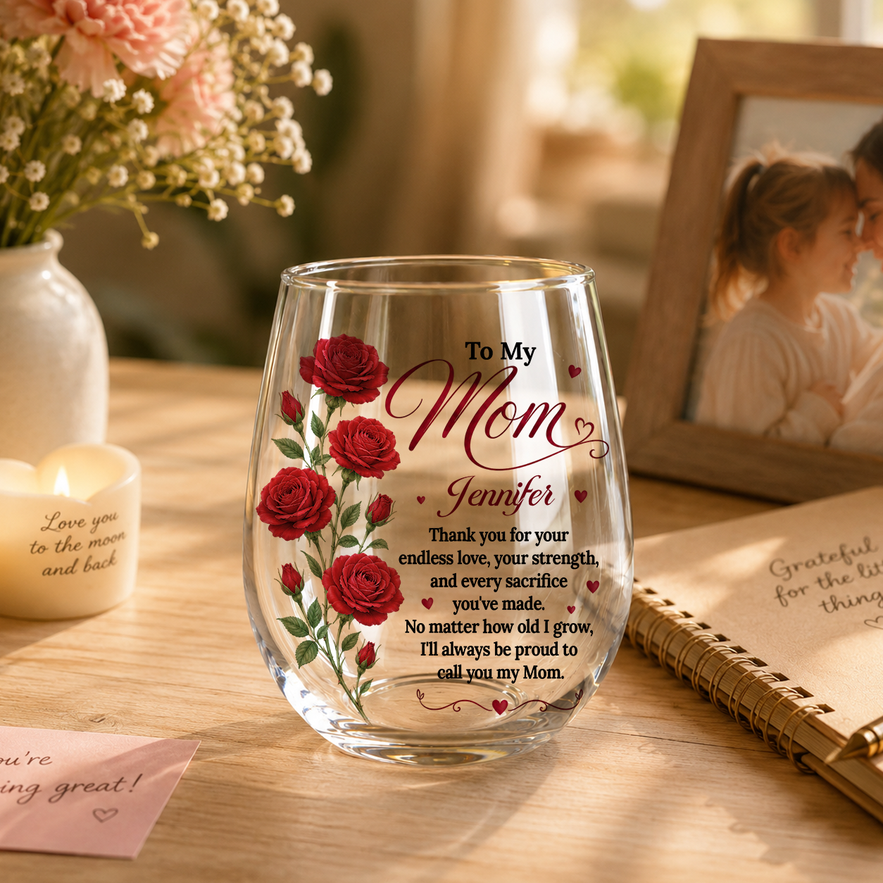 To My Mom Personalized Stemless Clear Glass – Custom Name & Birth Month Flower Gift Glass, 15oz, Mothers Birthday Gift
