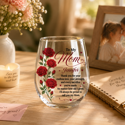 To My Mom Personalized Stemless Clear Glass – Custom Name & Birth Month Flower Gift Glass, 15oz, Mothers Birthday Gift