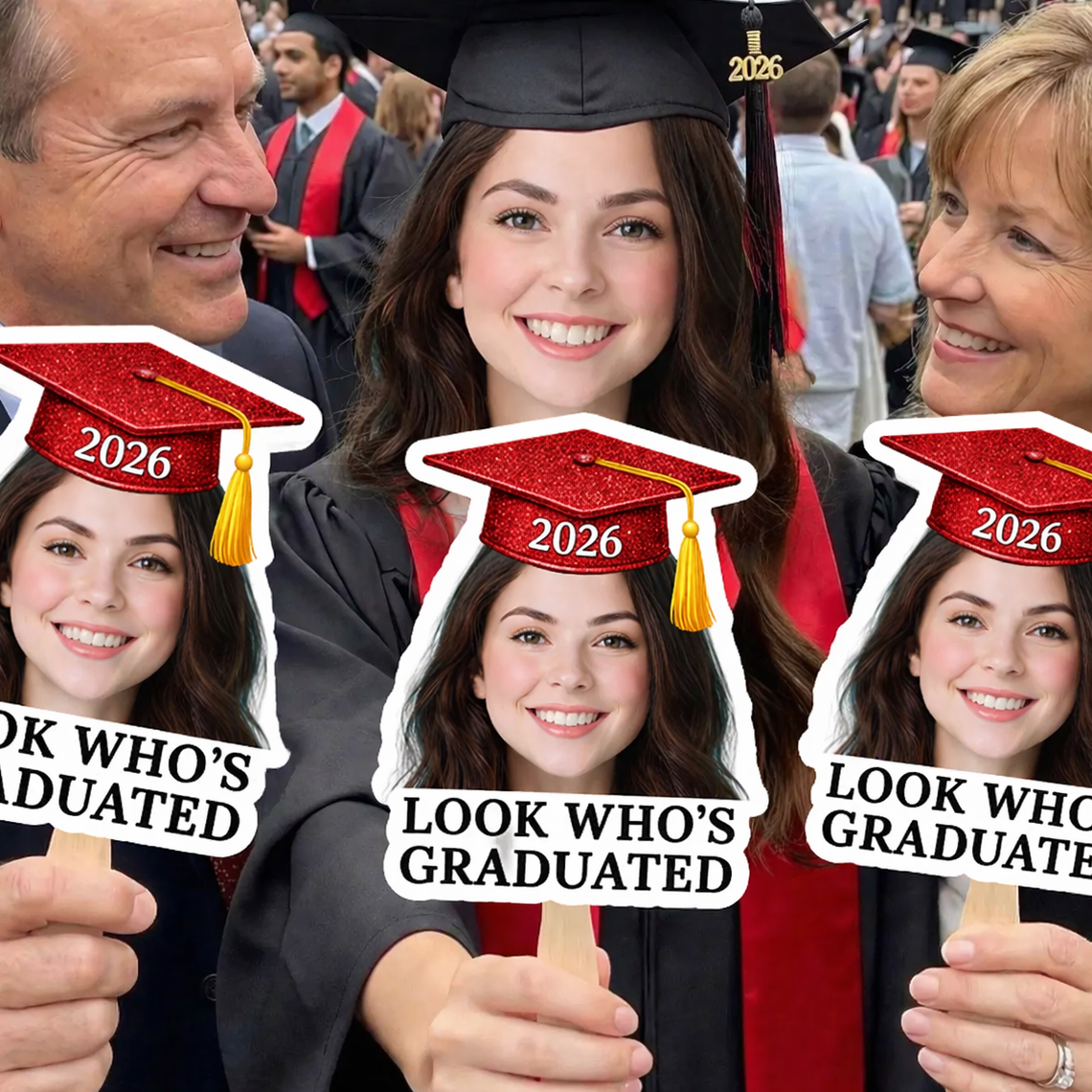 Look Who's Graduate Face Fans With Wooden Handle - Fans Faces Class Of 2026
