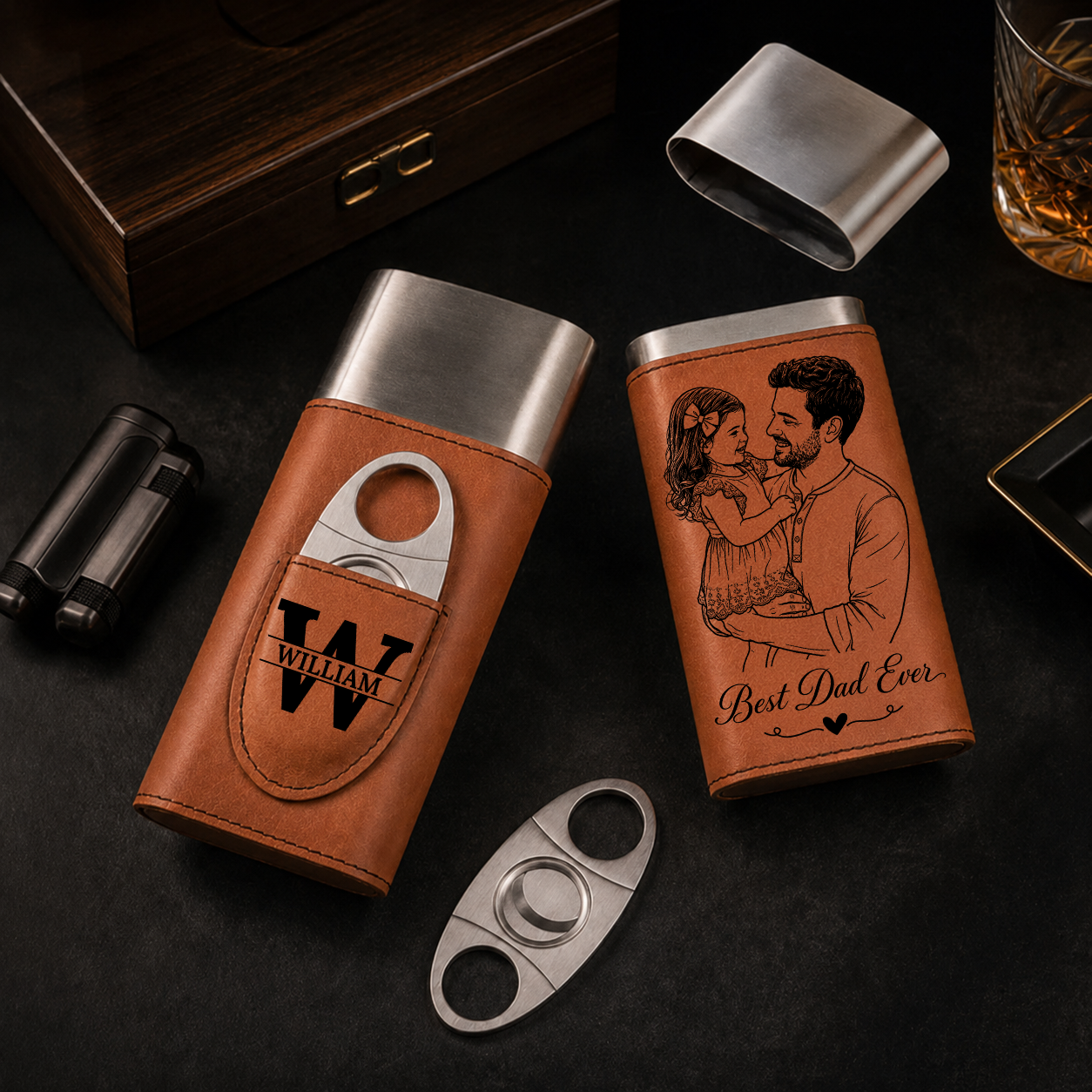 I’ll Be In The Backyard - Gift For Him, Travel Leather Case With Cutter - Personalized Cigar Case