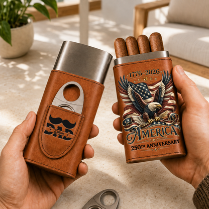 250 Years Of Freedom - Gift For Him, Travel Leather Case With Cutter - Personalized Cigar Case