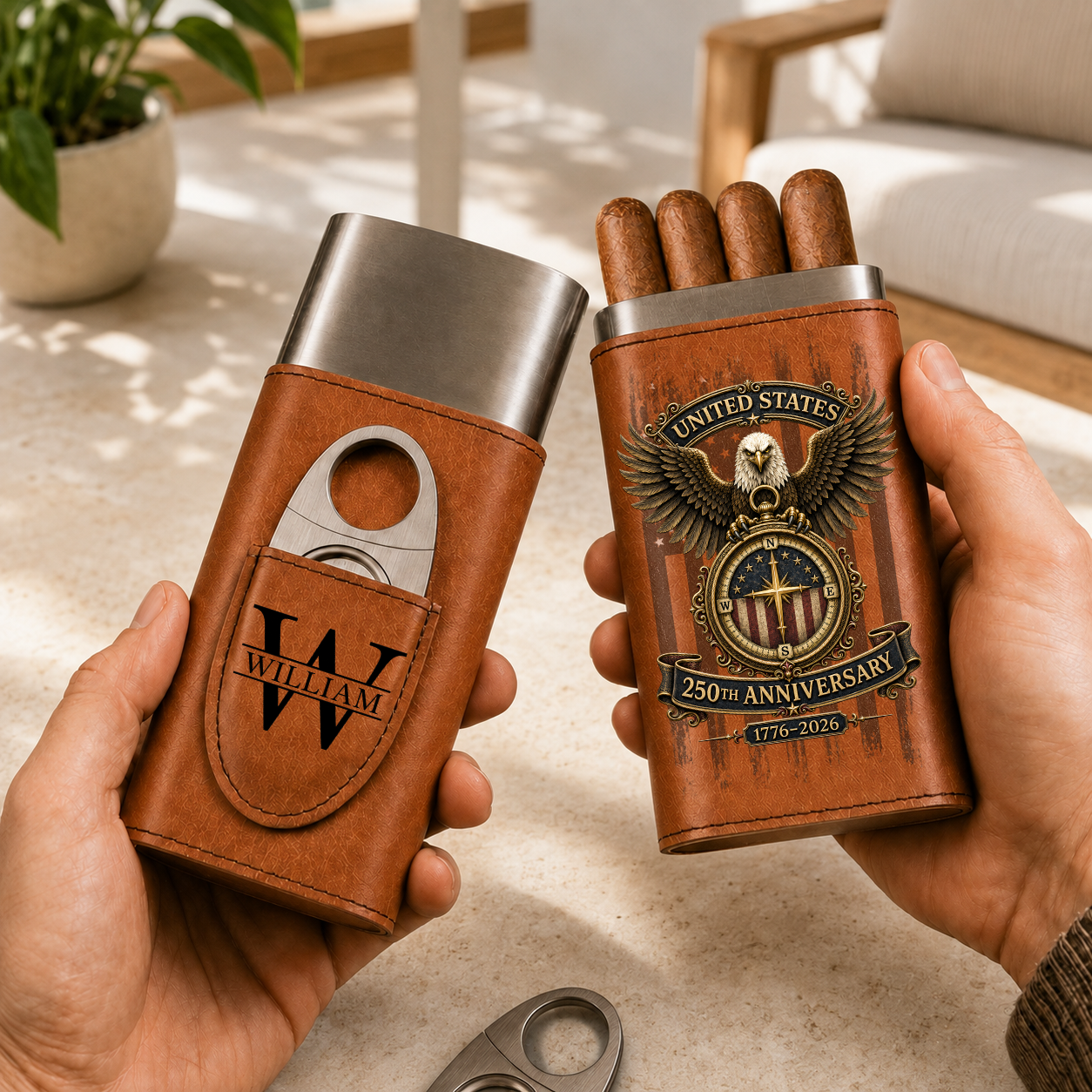 250 Years Of Amecrica - Gift For Him, Travel Leather Case With Cutter - Personalized Cigar Case