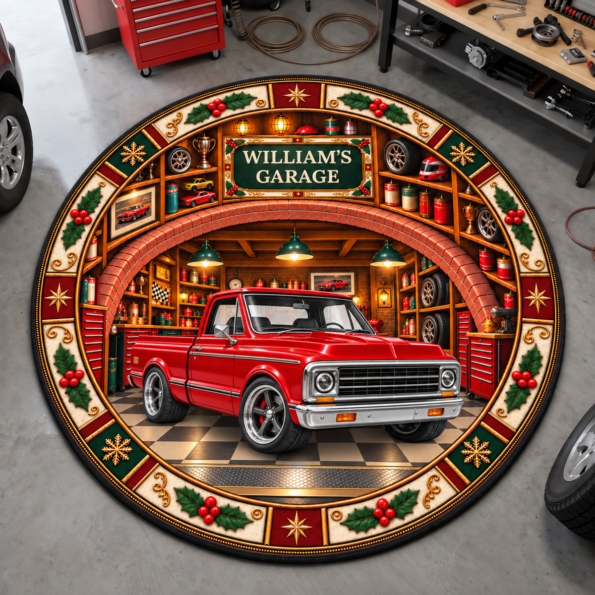 Christmas Garage Round Mat  - Personalized Quilted Mat Custom Shaped Doormat - Christmas Decor 3D Round Rug