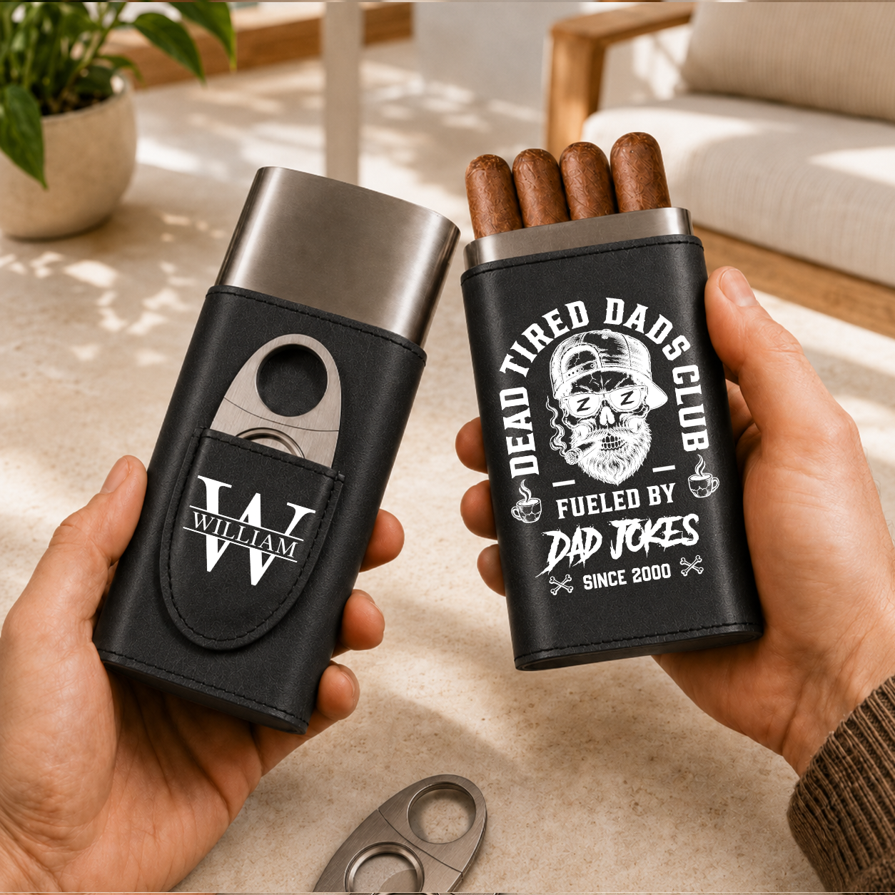 Dead Tired Dads Club - Gift For Him, Travel Leather Case With Cutter - Personalized Cigar Case