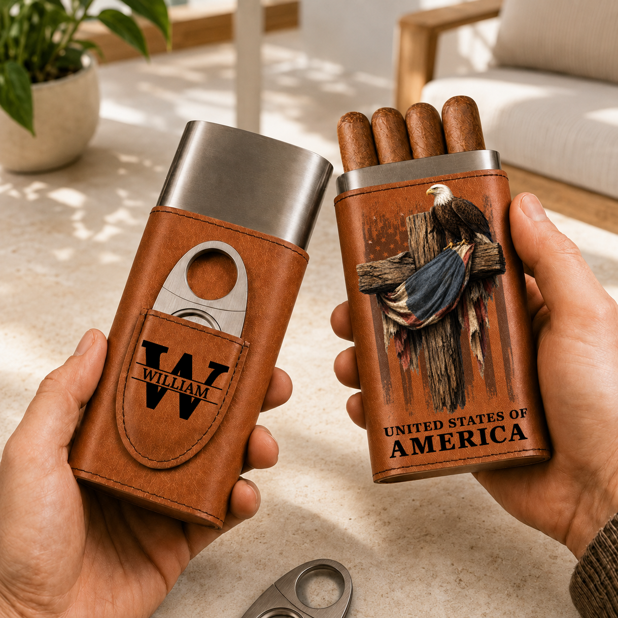 250 Years Of Freedom - Gift For Him, Travel Leather Case With Cutter - Personalized Cigar Case