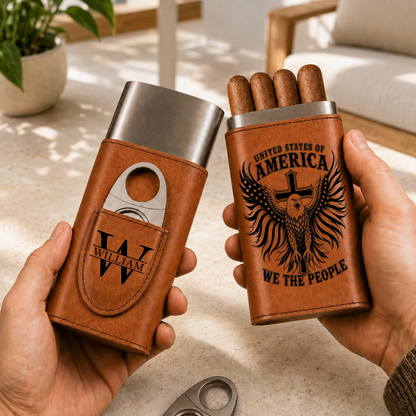 United States Of America - Gift For Him, Travel Leather Case With Cutter - Personalized Cigar Case