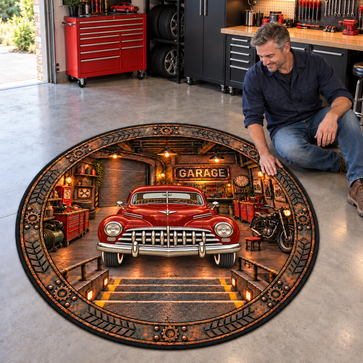 Christmas Vinatge Garage Round Mat - Personalized Quilted Mat Custom Shaped Doormat - Christmas Decor 3D Round Rug