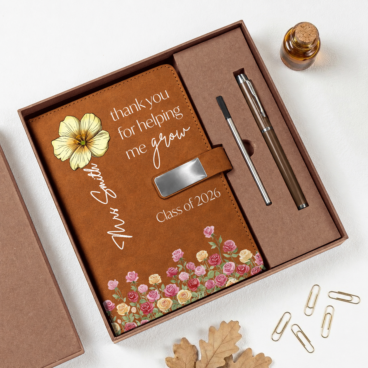 Teacher Gifts Thank You for Helping Us Grow - Personalized Leather Notebook Set