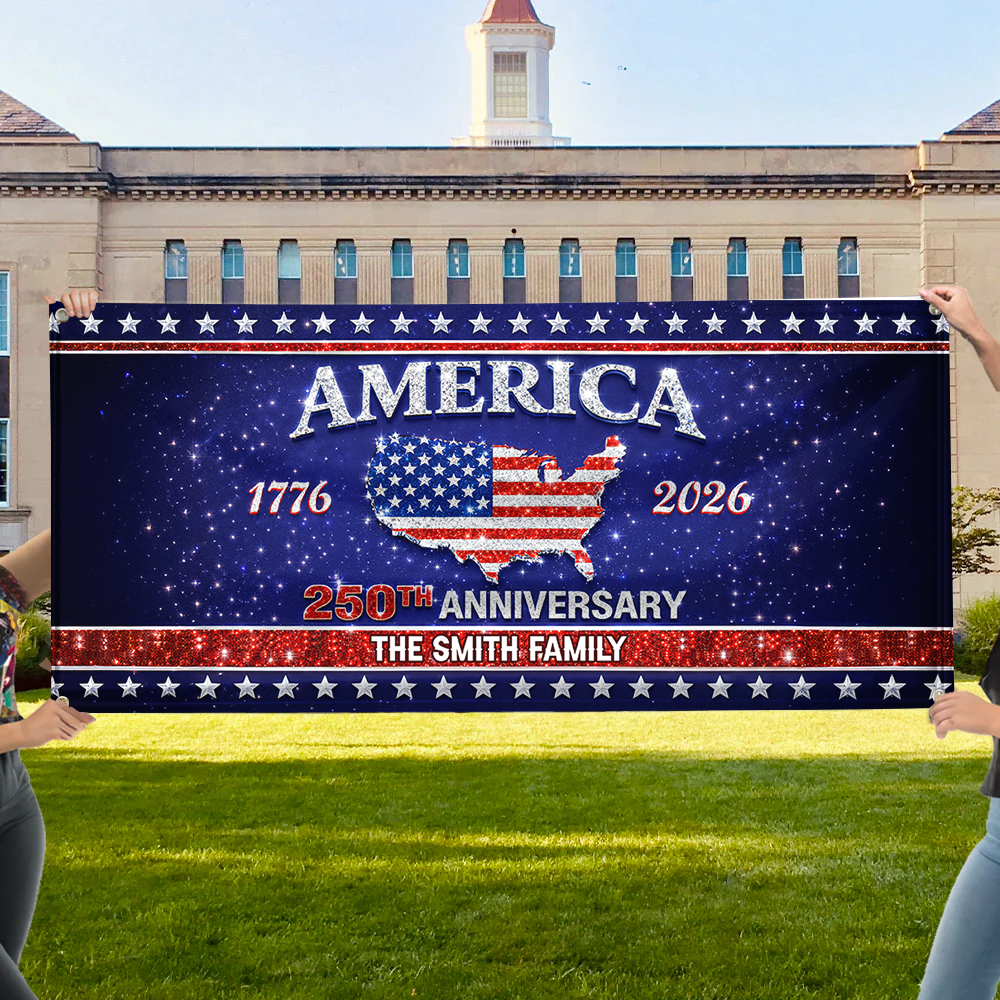 Personalized Family Name America 250th Anniversary Banner - Patriotic 2026 Outdoor Decor - Custom Door Banner