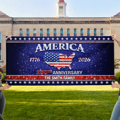 Personalized Family Name America 250th Anniversary Banner - Patriotic 2026 Outdoor Decor - Custom Door Banner