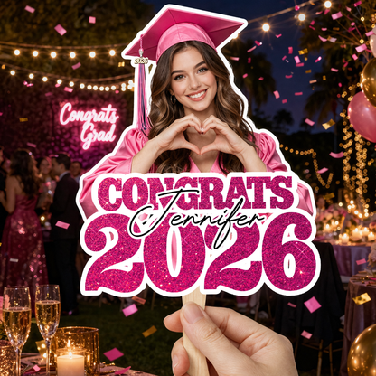 Class Of 2026 Personalized Congrats Face Fans With Wooden Handle - Fans Faces