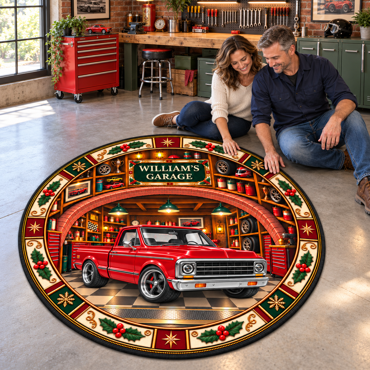 Christmas Garage Round Mat  - Personalized Quilted Mat Custom Shaped Doormat - Christmas Decor 3D Round Rug