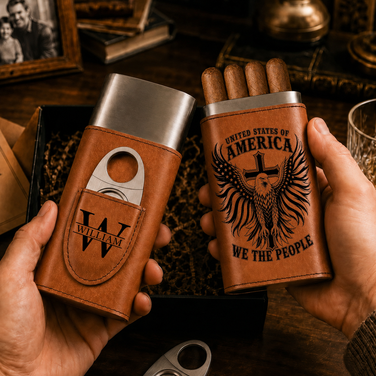 United States Of America - Gift For Him, Travel Leather Case With Cutter - Personalized Cigar Case