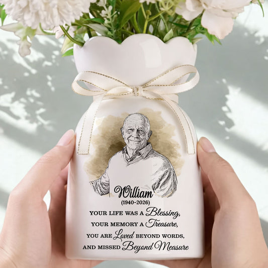 Custom Photo Pencil Sketch Memorial - Personalized Custom Ribbon Tie Flower Vase