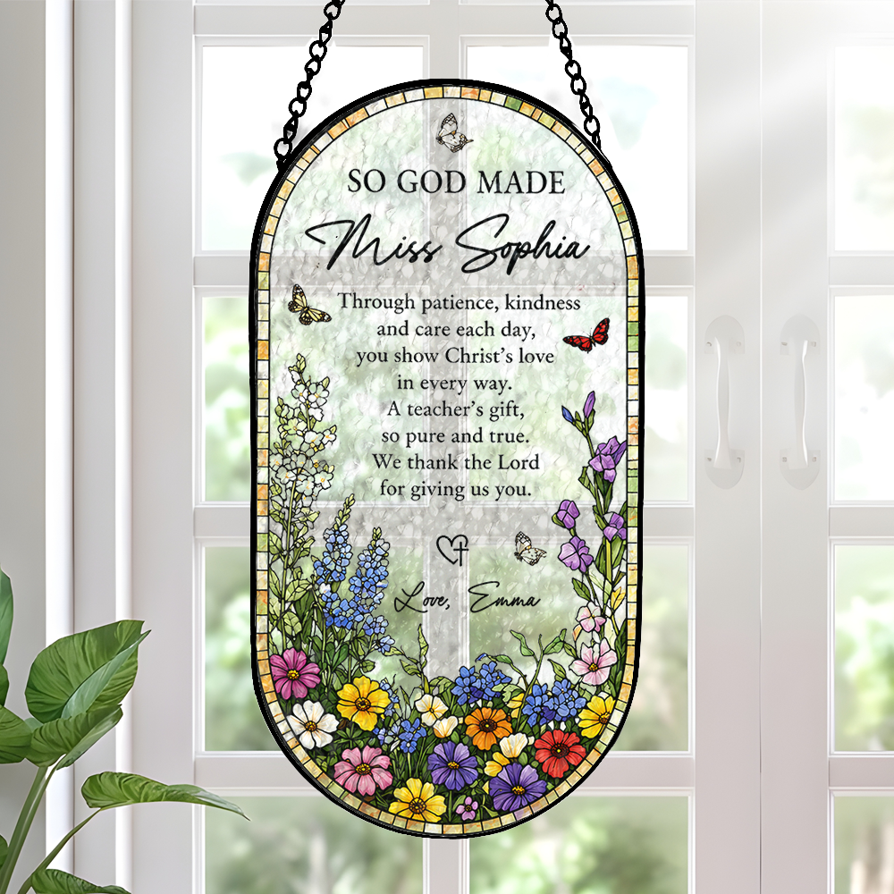So God Made Christian Teacher - Personalized Oval Stained Glass Suncatcher