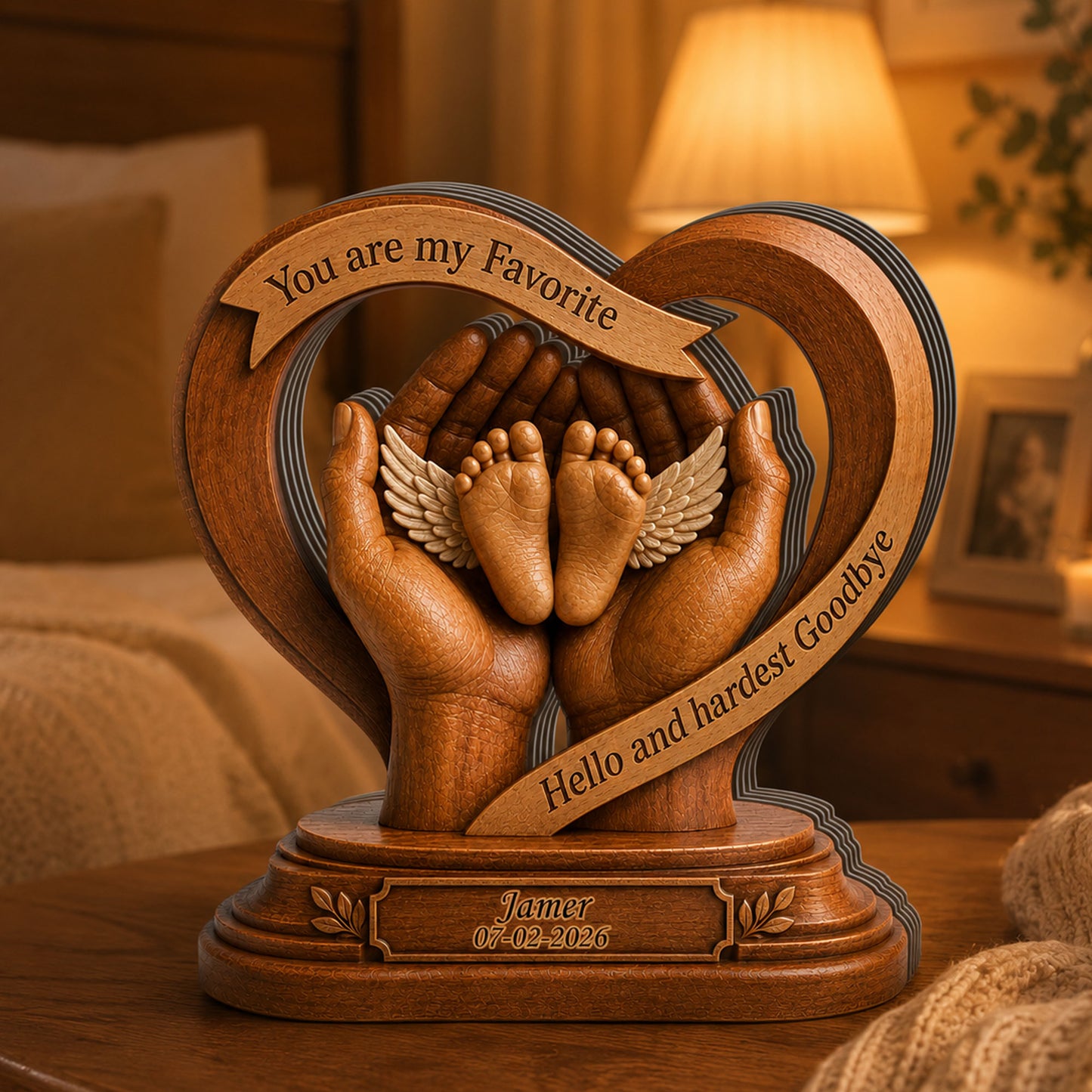 Baby Memorial Heart Wooden - Personalized Memorial Wooden Sign - Custom Angel Figure Block, Sympathy Gift