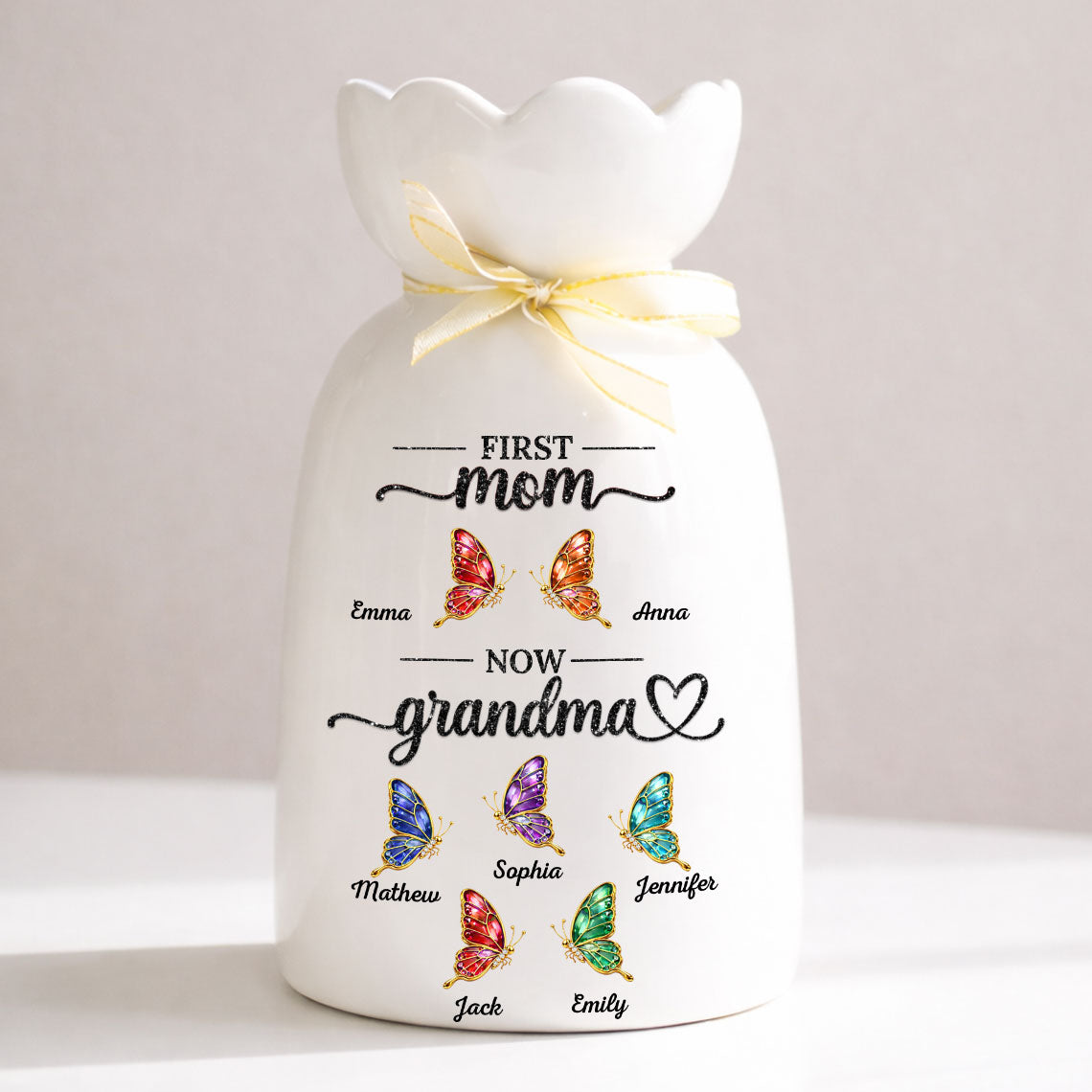 First Mom Now Grandma 2 - Personalized Custom Ribbon Tie Flower Vase