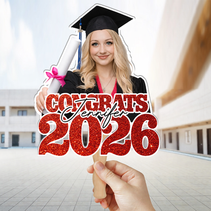 Class Of 2026 Personalized Congrats Face Fans With Wooden Handle - Fans Faces