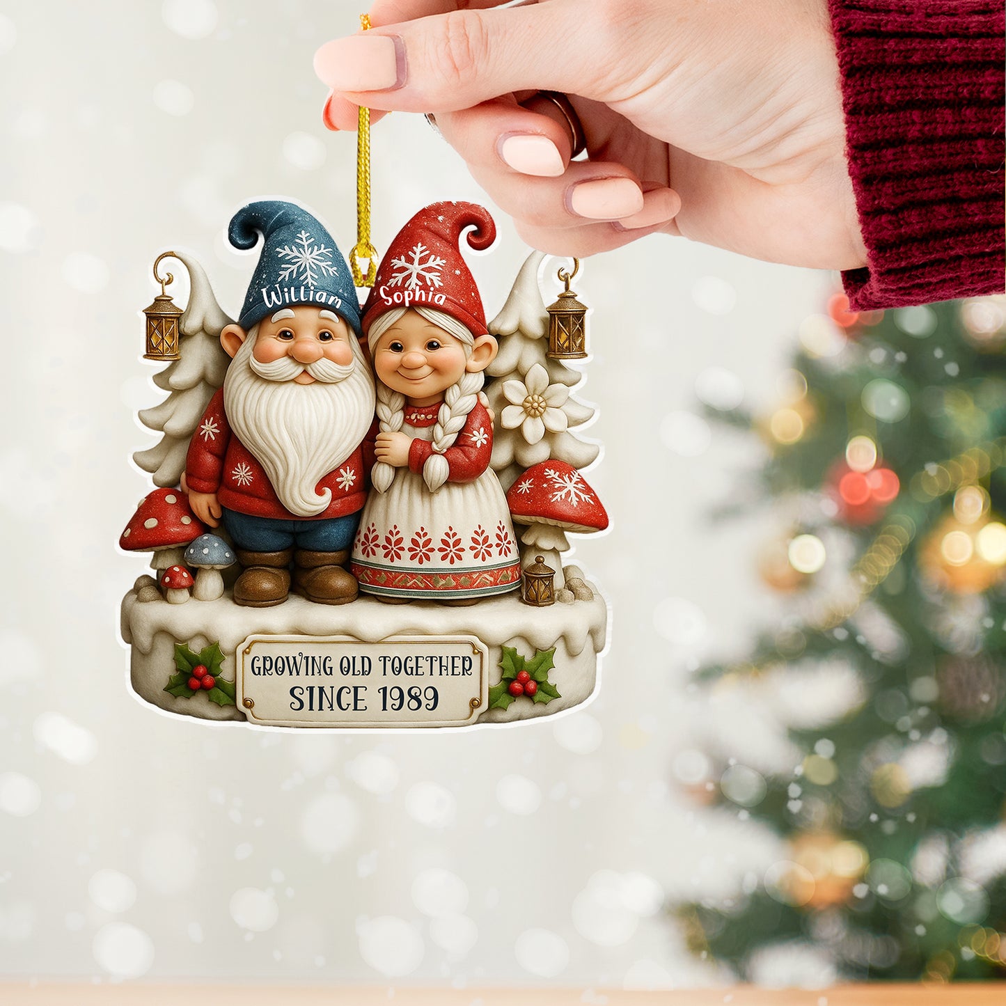 3D Effect Gnome Couple Together - Personalized Acrylic Ornament