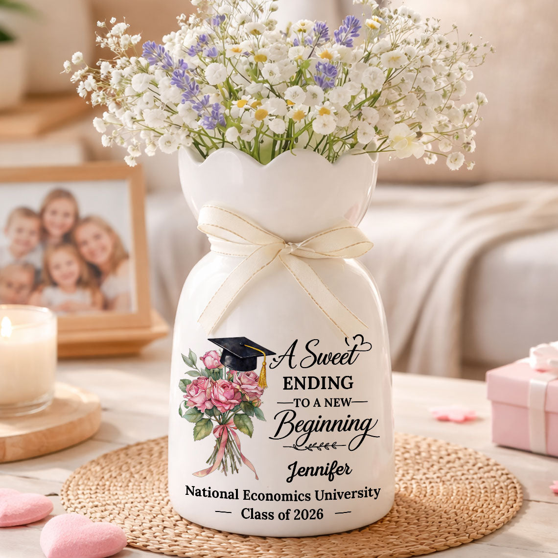 A Sweet Ending To A New Beginning - Personalized Custom Ribbon Tie Flower Vase