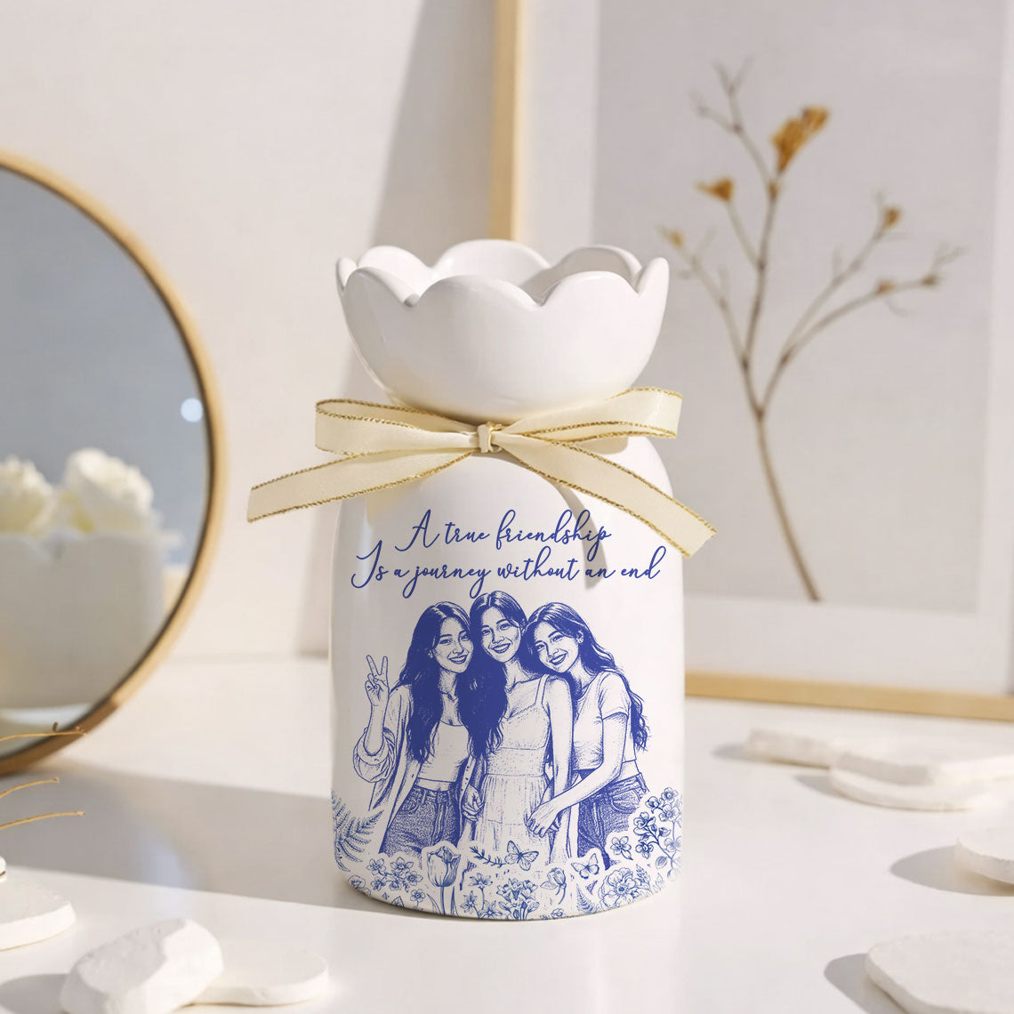 Custom Photo Pencil Sketch A True Friendship Is A Journey Without An End - Personalized Custom Ribbon Tie Flower Vase