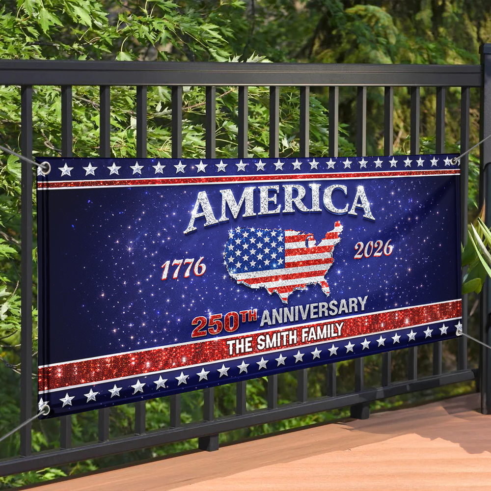 Personalized Family Name America 250th Anniversary Banner - Patriotic 2026 Outdoor Decor - Custom Door Banner