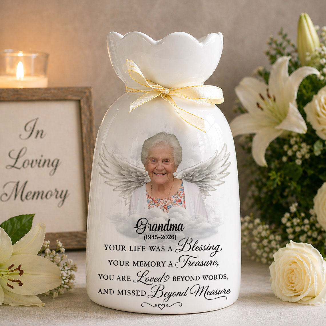 Custom Photo Pencil Sketch Your Life Was A Blessing- Personalized Custom Ribbon Tie Flower Vase