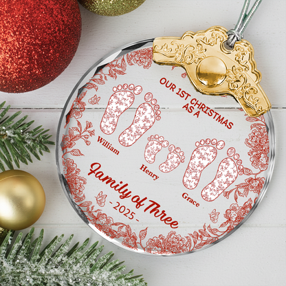 First Christmas As A Family Of Four Toile Footprints - Personalized Glass Ornament With Silver and Gold Cap